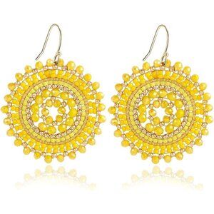Yellow Crystal Glass Bead Dangle Drop Statement Beaded Trendy Earrings For Women
